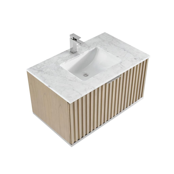 Bemma, Terra 36" Single Floating Vanity, Cashmere Grey/Brushed Nickel, Carrara Marble Top#top-options_carrara-marble-top