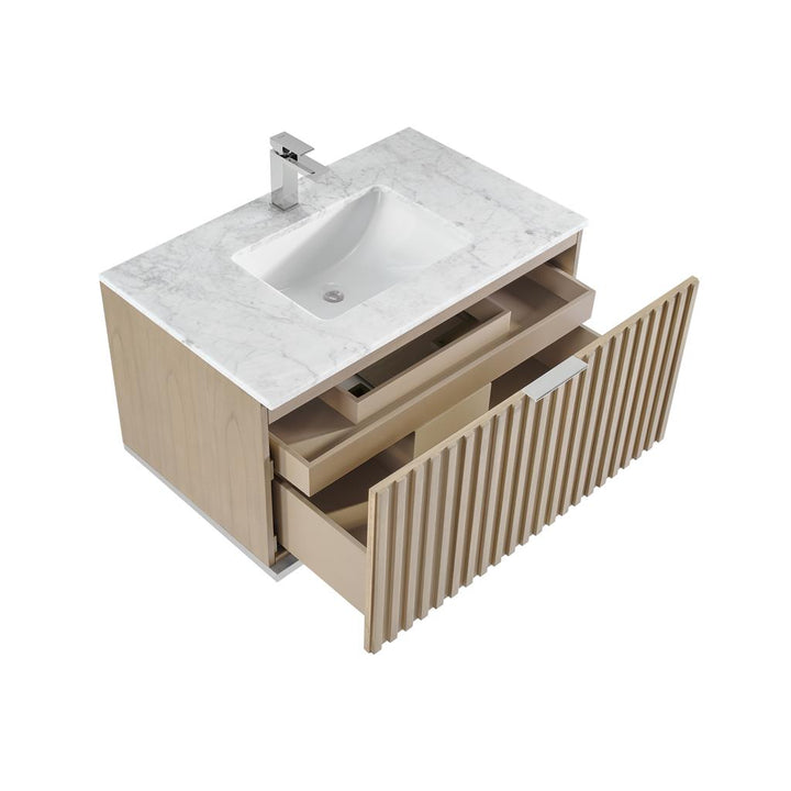 Bemma, Terra 36" Single Floating Vanity, Cashmere Grey/Brushed Nickel, Carrara Marble Top#top-options_carrara-marble-top