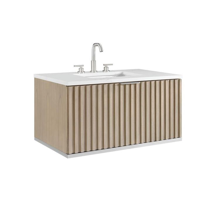 Bemma, Terra 36" Single Floating Vanity, Cashmere Grey/Brushed Nickel, Calacatta Quartz Top#top-options_calacatta-quartz-top
