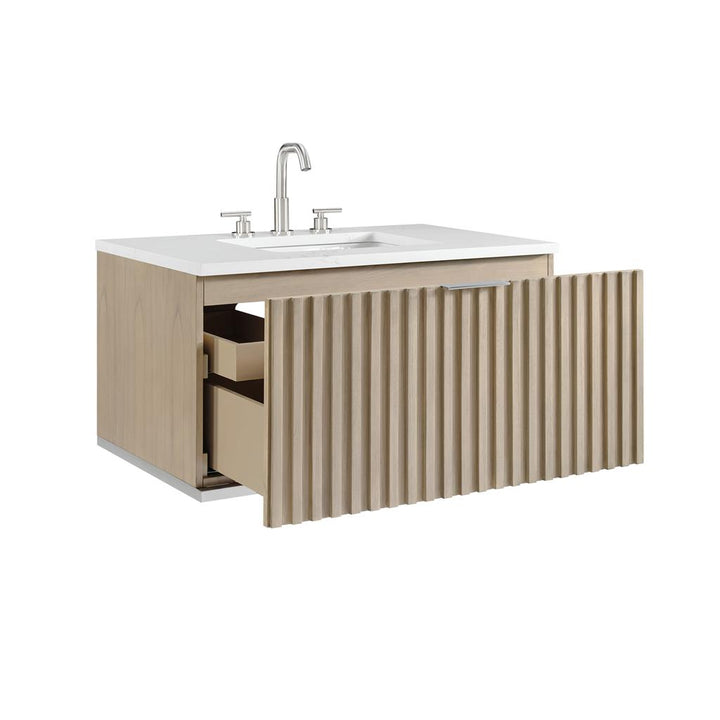 Bemma, Terra 36" Single Floating Vanity, Cashmere Grey/Brushed Nickel, Calacatta Quartz Top#top-options_calacatta-quartz-top