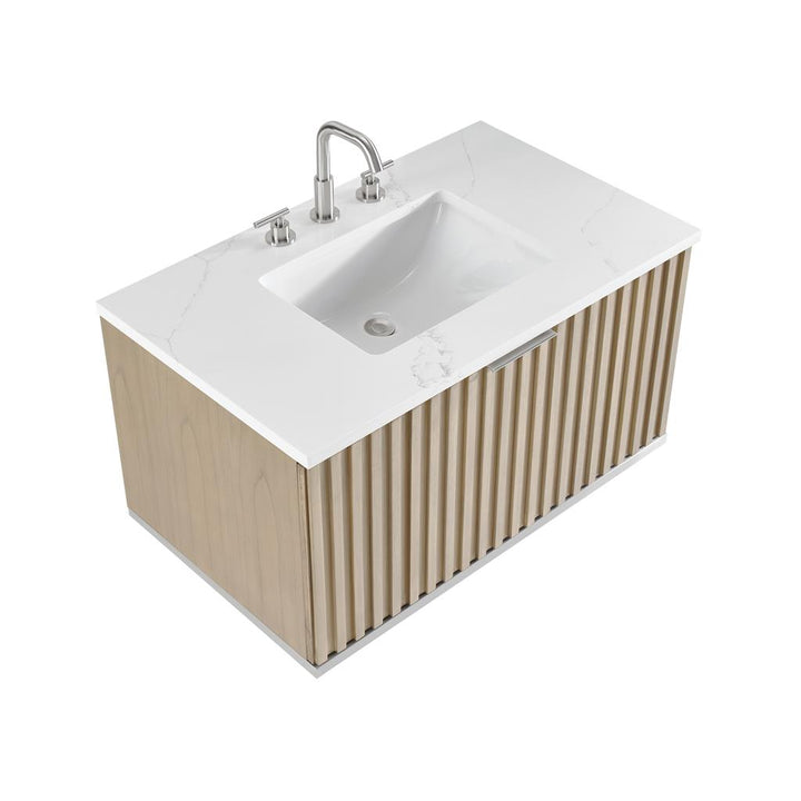 Bemma, Terra 36" Single Floating Vanity, Cashmere Grey/Brushed Nickel, Calacatta Quartz Top#top-options_calacatta-quartz-top