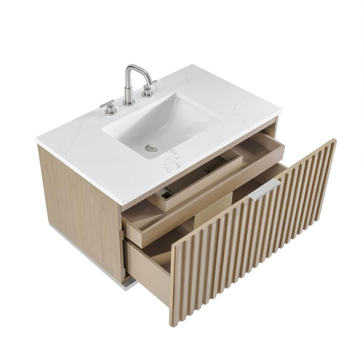 Bemma, Terra 36" Single Floating Vanity, Cashmere Grey/Brushed Nickel, Calacatta Quartz Top#top-options_calacatta-quartz-top