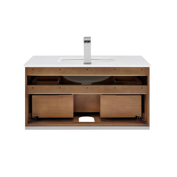 Bemma, Terra 36" Single Floating Vanity, Walnut/Brushed Nickel, White Quartz Top#top-options_white-quartz-top