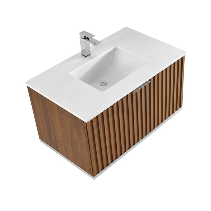 Bemma, Terra 36" Single Floating Vanity, Walnut/Brushed Nickel, White Quartz Top#top-options_white-quartz-top