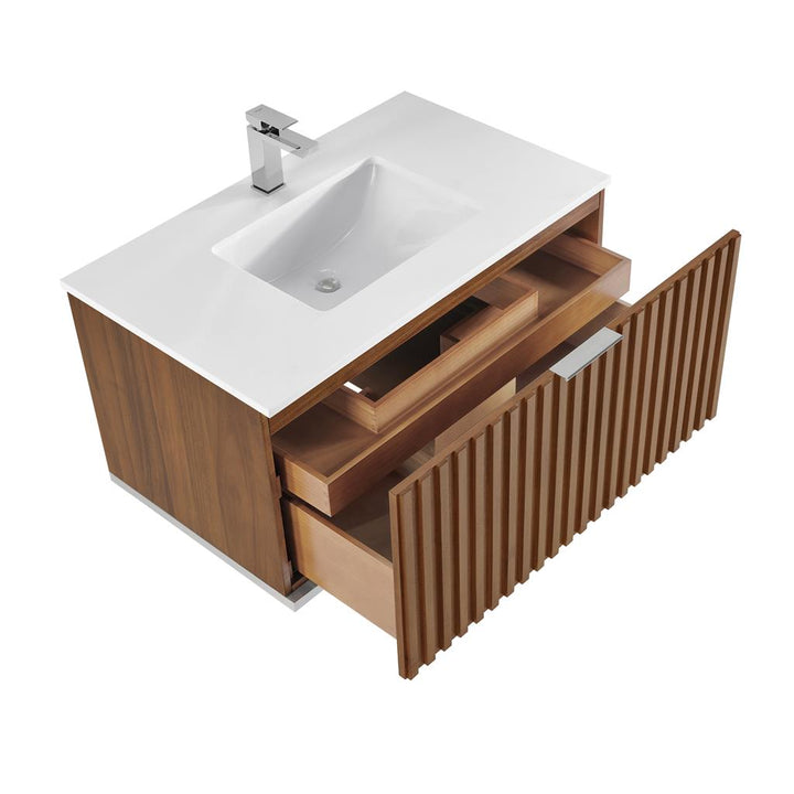 Bemma, Terra 36" Single Floating Vanity, Walnut/Brushed Nickel, White Quartz Top#top-options_white-quartz-top
