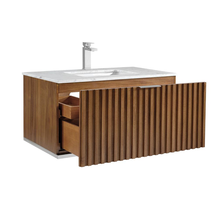 Bemma, Terra 36" Single Floating Vanity, Walnut/Brushed Nickel, Carrara Marble Top#top-options_carrara-marble-top