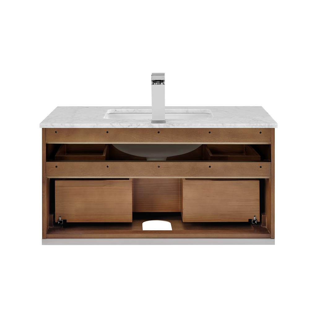 Bemma, Terra 36" Single Floating Vanity, Walnut/Brushed Nickel, Carrara Marble Top#top-options_carrara-marble-top