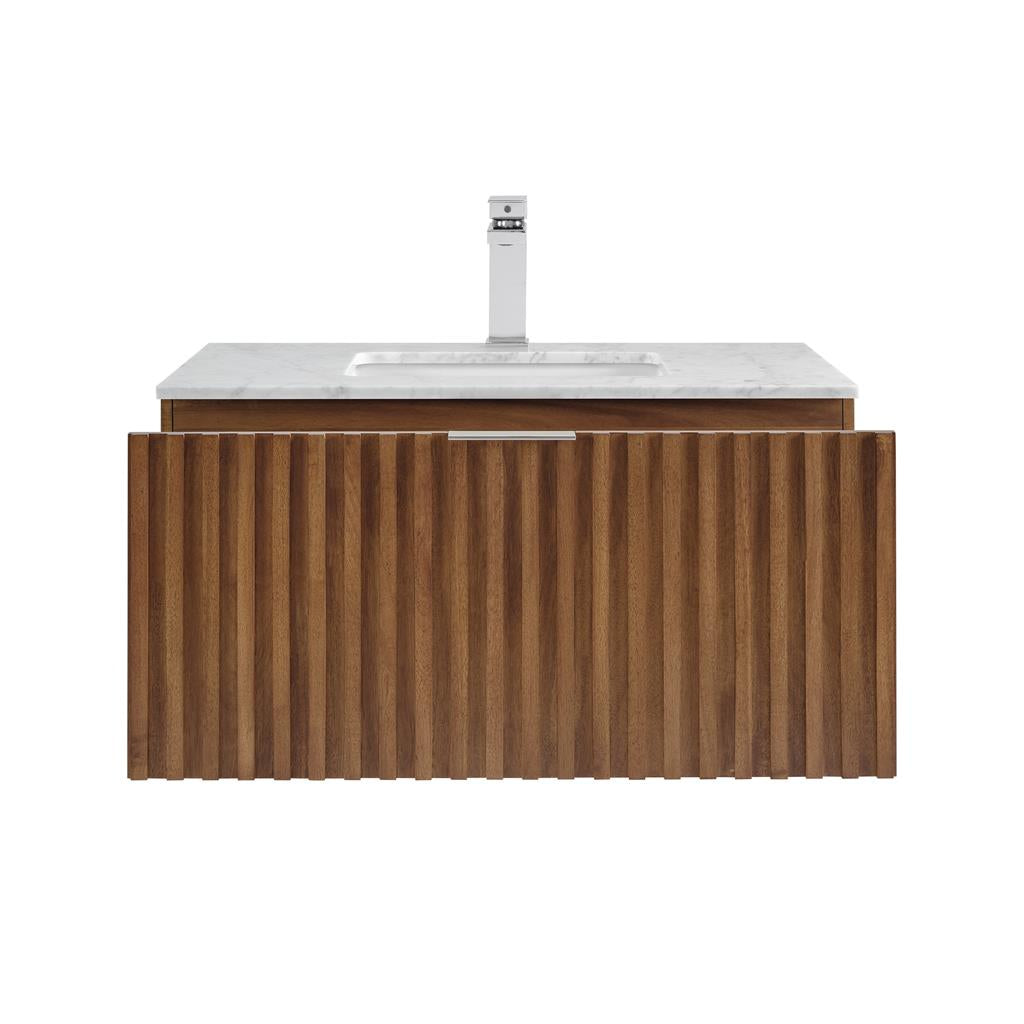 Bemma, Terra 36" Single Floating Vanity, Walnut/Brushed Nickel, Carrara Marble Top#top-options_carrara-marble-top