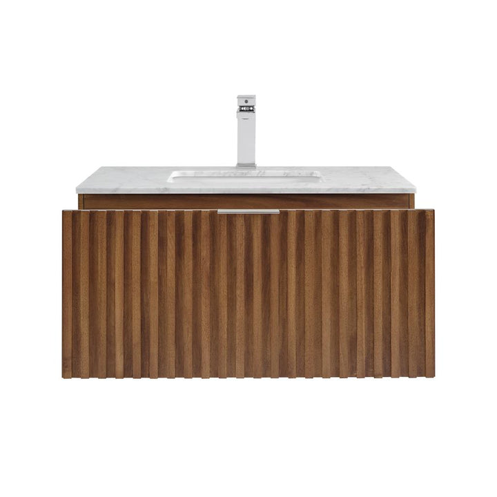 Bemma, Terra 36" Single Floating Vanity, Walnut/Brushed Nickel, Carrara Marble Top#top-options_carrara-marble-top