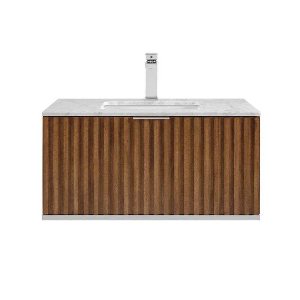 Bemma, Terra 36" Single Floating Vanity, Walnut/Brushed Nickel, Carrara Marble Top#top-options_carrara-marble-top
