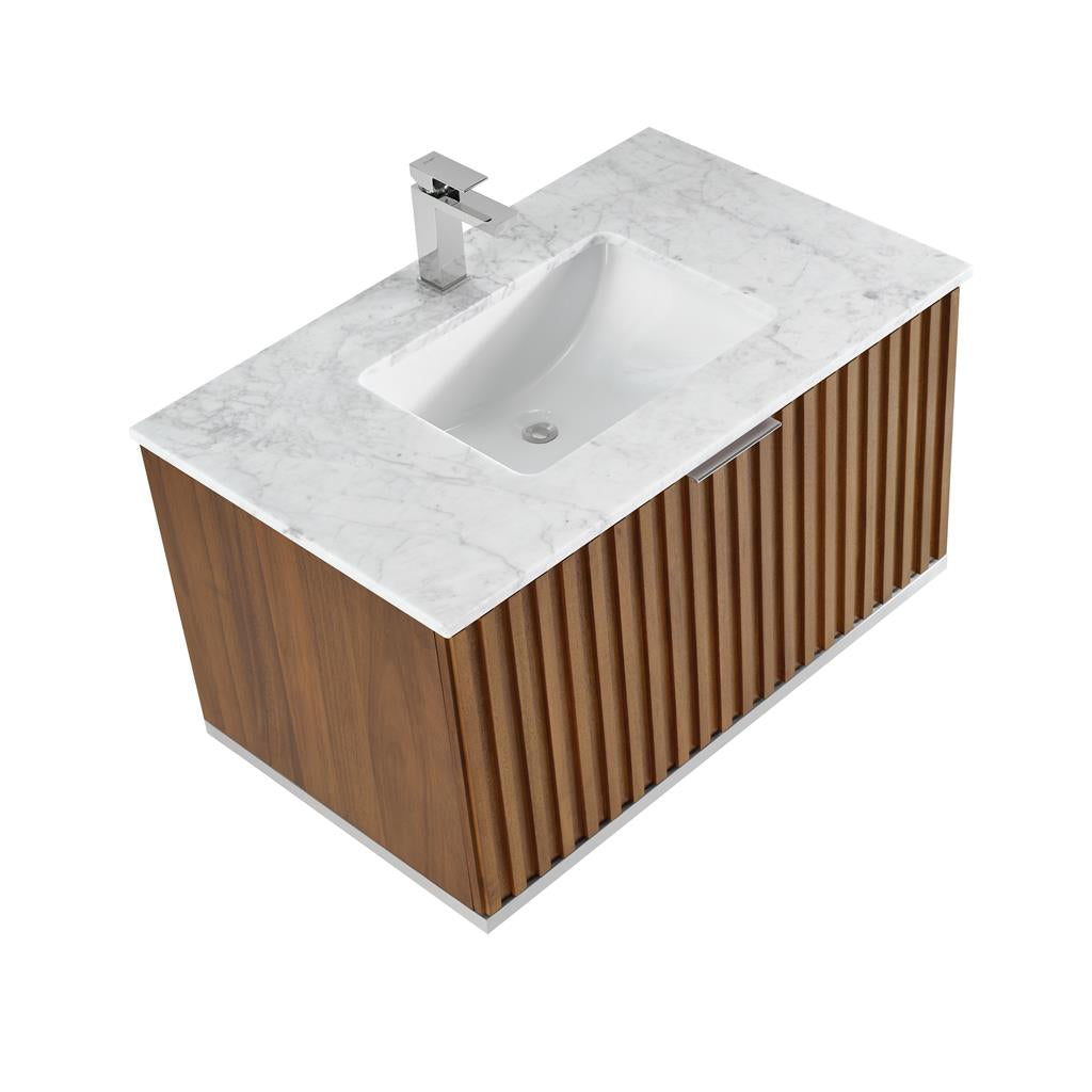 Bemma, Terra 36" Single Floating Vanity, Walnut/Brushed Nickel, Carrara Marble Top#top-options_carrara-marble-top
