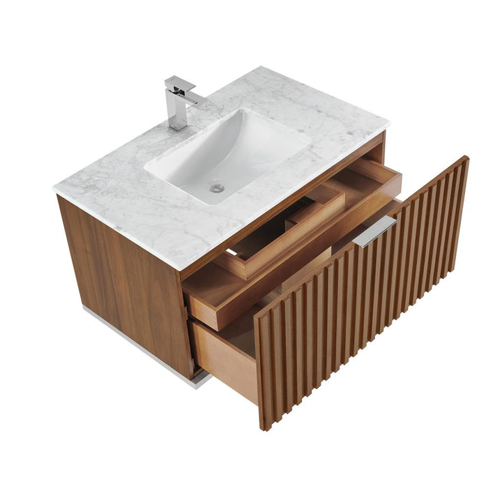 Bemma, Terra 36" Single Floating Vanity, Walnut/Brushed Nickel, Carrara Marble Top#top-options_carrara-marble-top