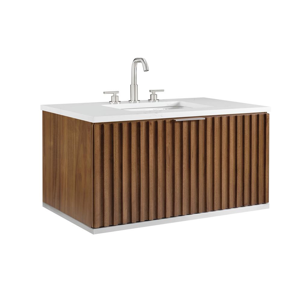 Bemma, Terra 36" Single Floating Vanity, Walnut/Brushed Nickel, Calacatta Quartz Top#top-options_calacatta-quartz-top