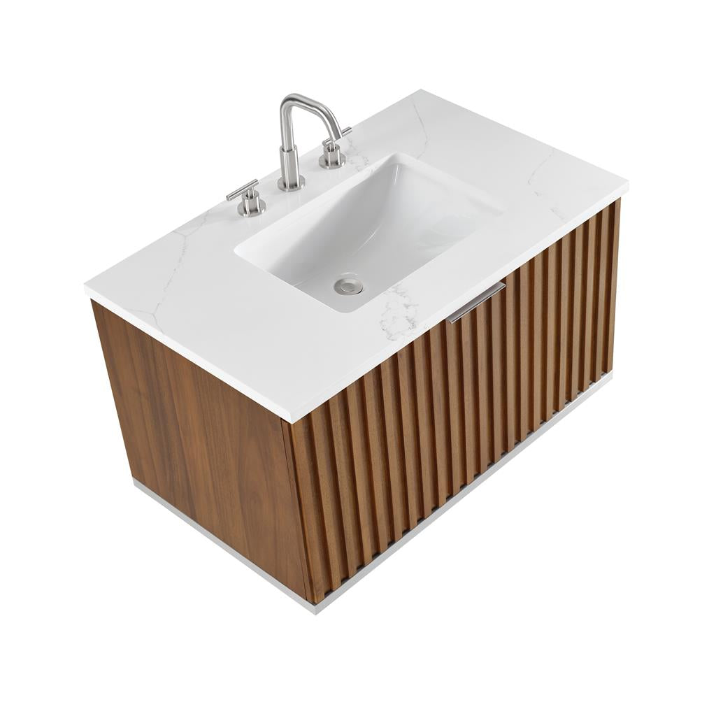 Bemma, Terra 36" Single Floating Vanity, Walnut/Brushed Nickel, Calacatta Quartz Top#top-options_calacatta-quartz-top