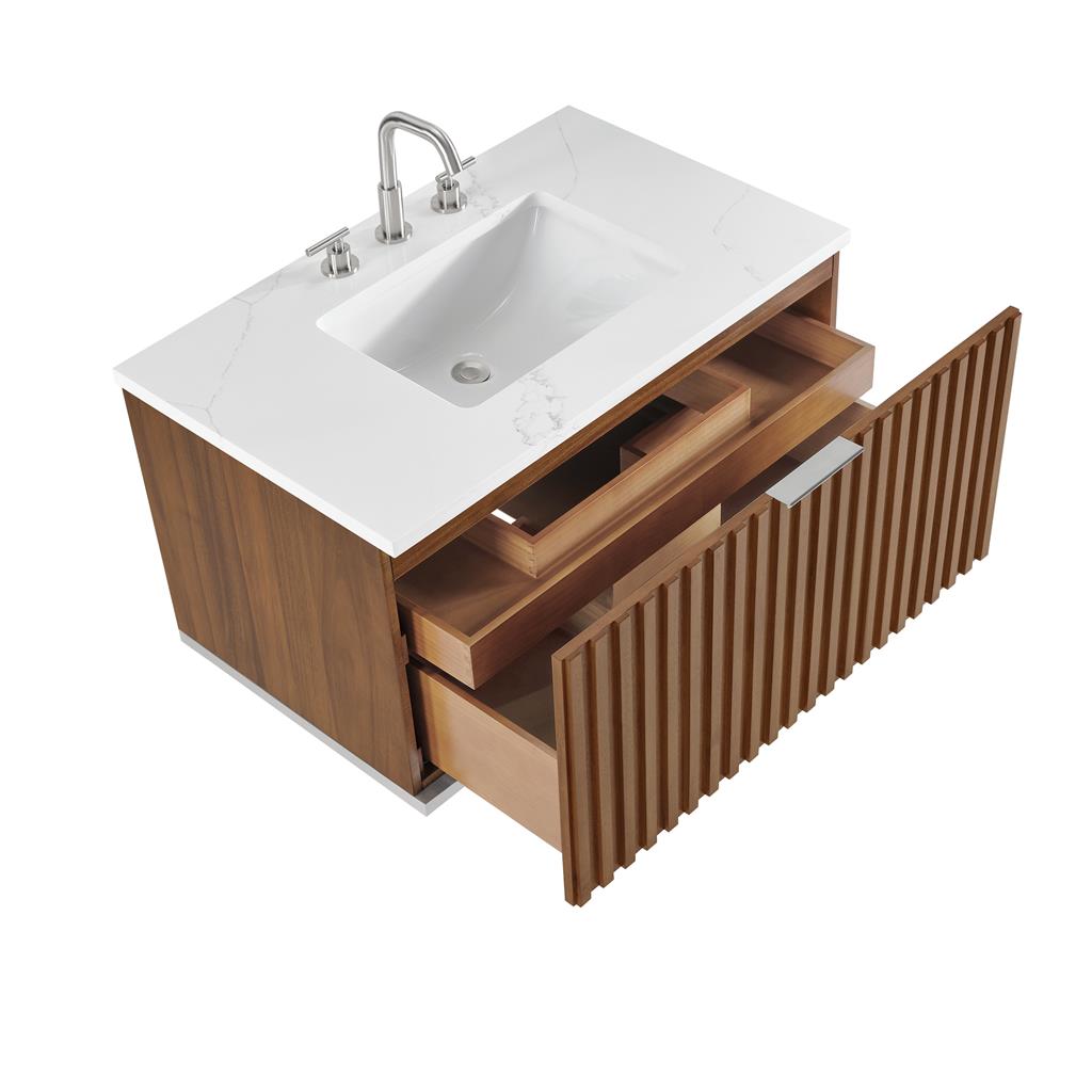 Bemma, Terra 36" Single Floating Vanity, Walnut/Brushed Nickel, Calacatta Quartz Top#top-options_calacatta-quartz-top