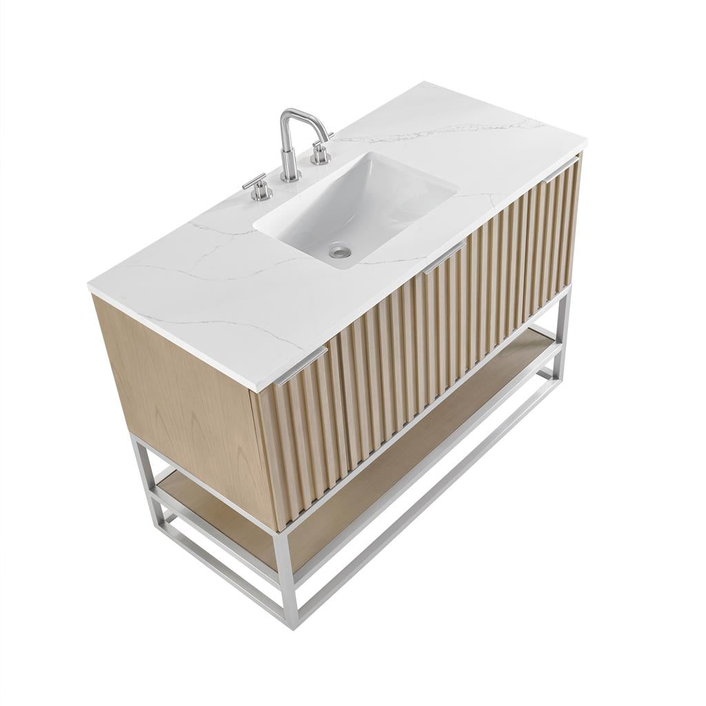 Bemma, Terra 48" Single Vanity, Cashmere Grey/Brushed Nickel, Calacatta Quartz Top#top-options_calacatta-quartz-top