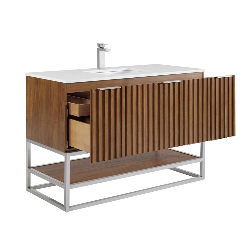Bemma, Terra 48" Single Vanity, Walnut/Brushed Nickel, White Quartz Top#top-options_white-quartz-top