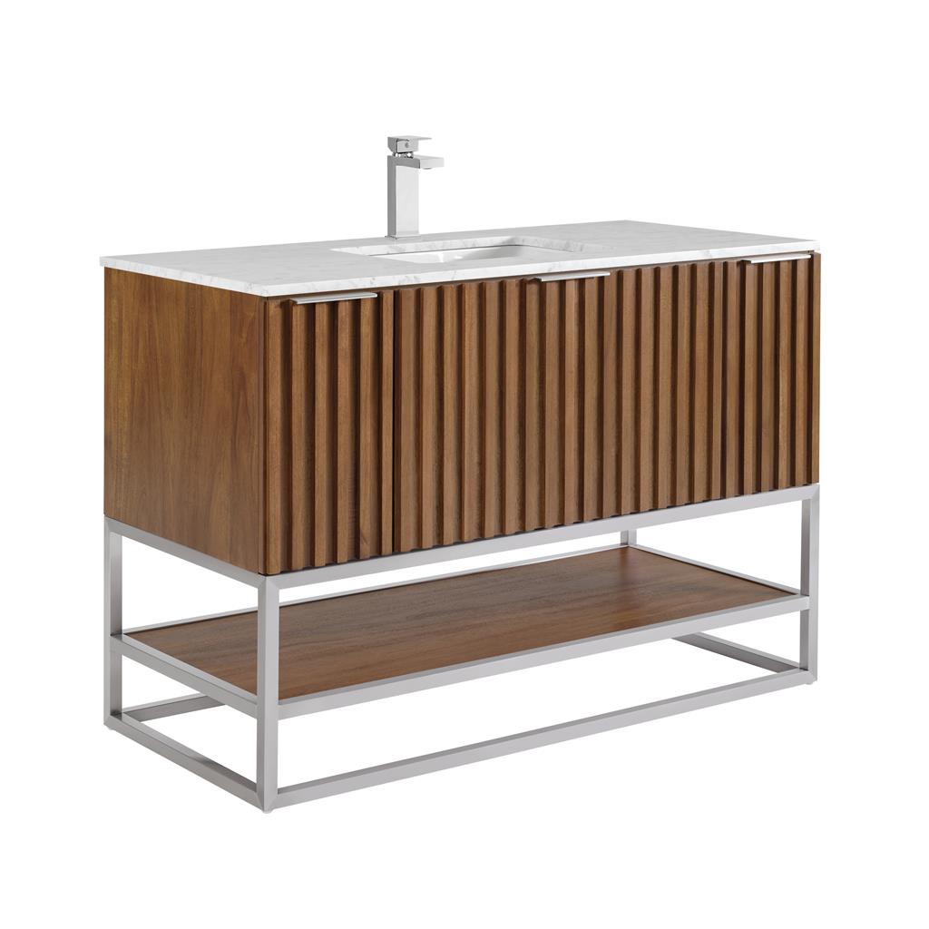Bemma, Terra 48" Single Vanity, Walnut/Brushed Nickel, Carrara Marble Top#top-options_carrara-marble-top