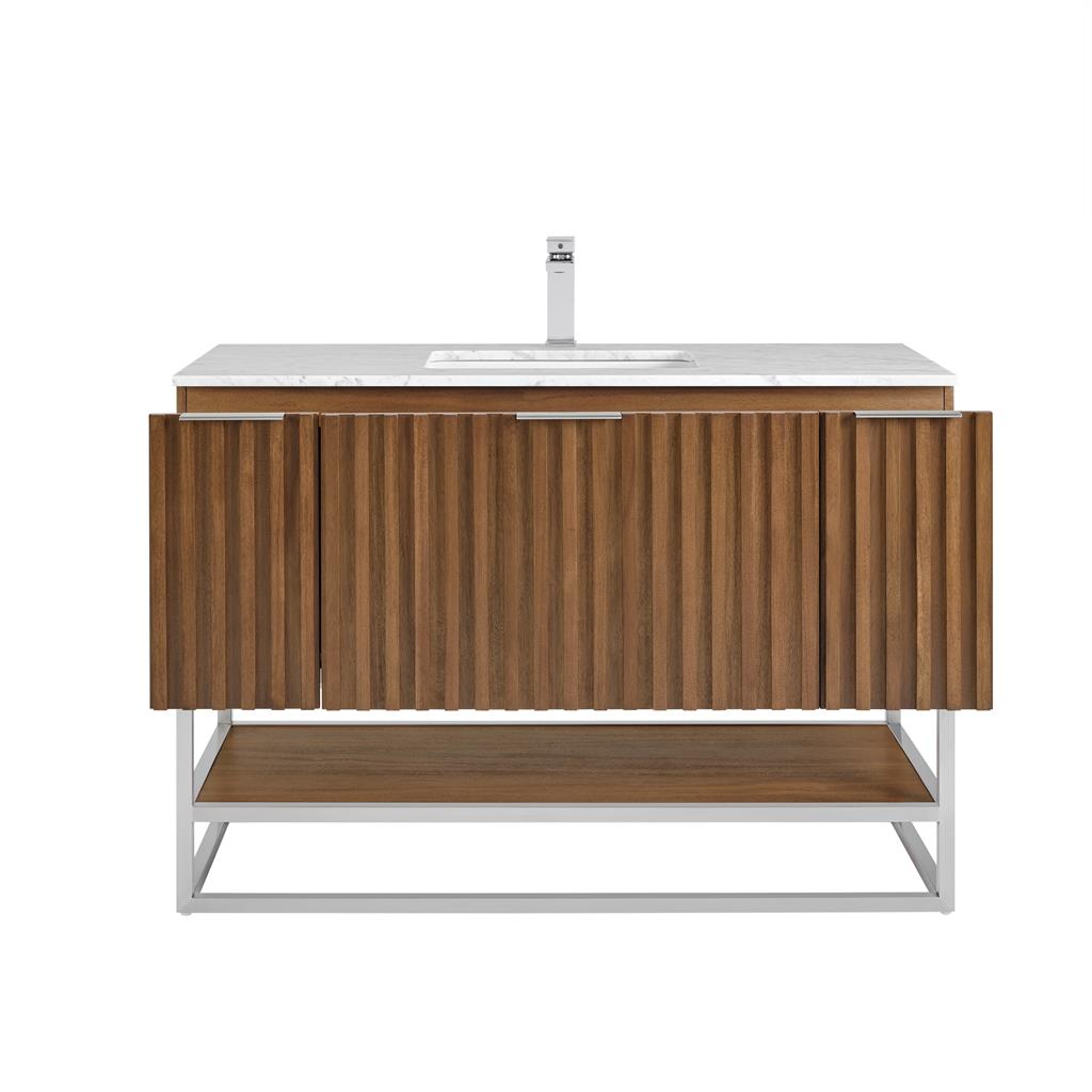 Bemma, Terra 48" Single Vanity, Walnut/Brushed Nickel, Carrara Marble Top#top-options_carrara-marble-top