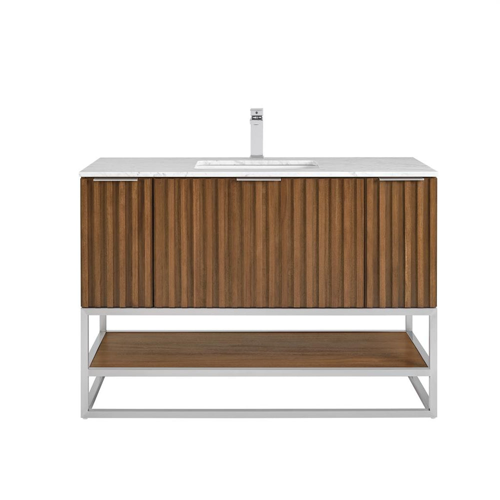 Bemma, Terra 48" Single Vanity, Walnut/Brushed Nickel, Carrara Marble Top#top-options_carrara-marble-top