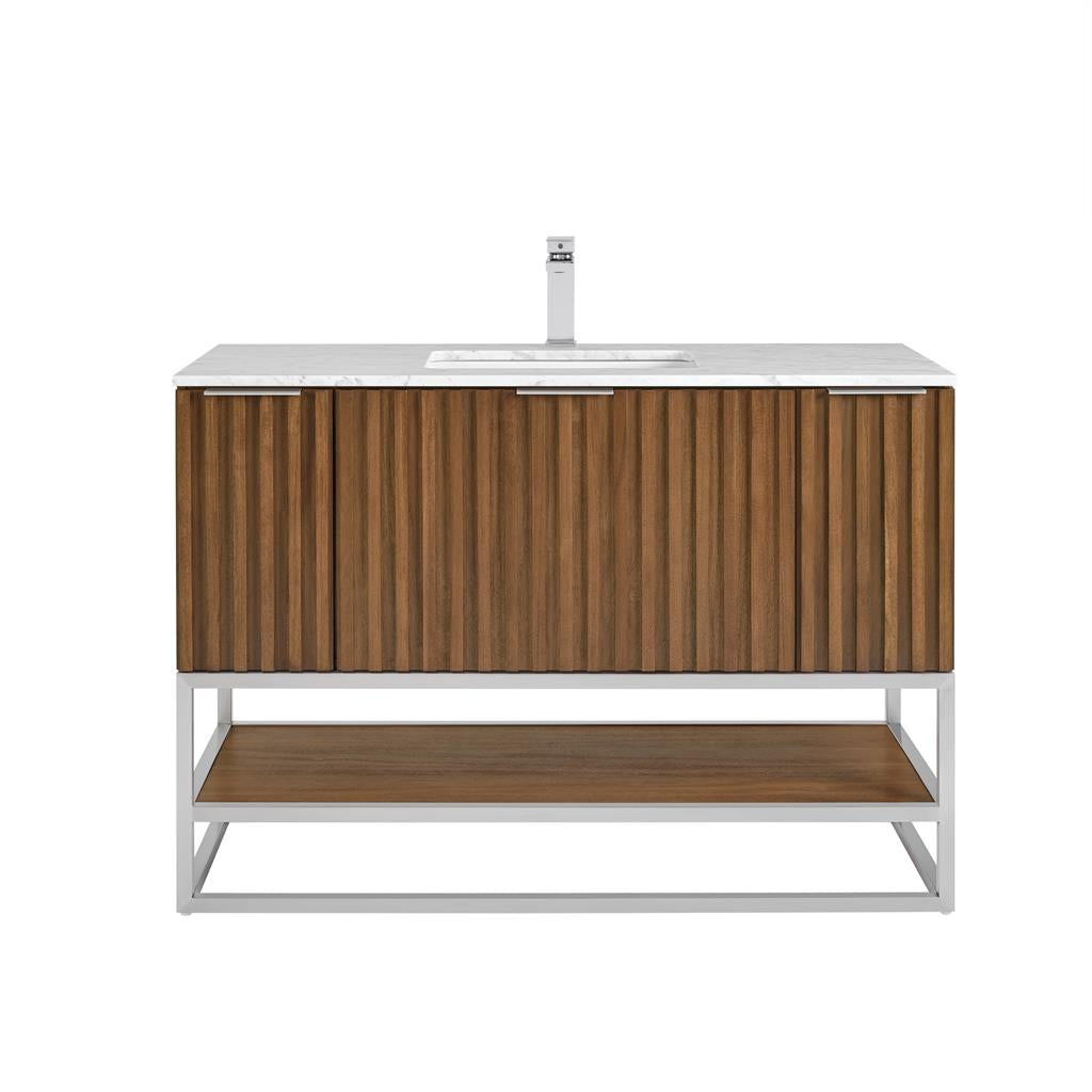 Bemma, Terra 48" Single Vanity, Walnut/Brushed Nickel, Carrara Marble Top#top-options_carrara-marble-top