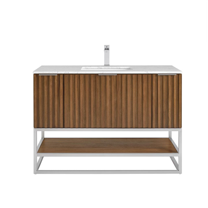 Bemma, Terra 48" Single Vanity, Walnut/Brushed Nickel, Carrara Marble Top#top-options_carrara-marble-top