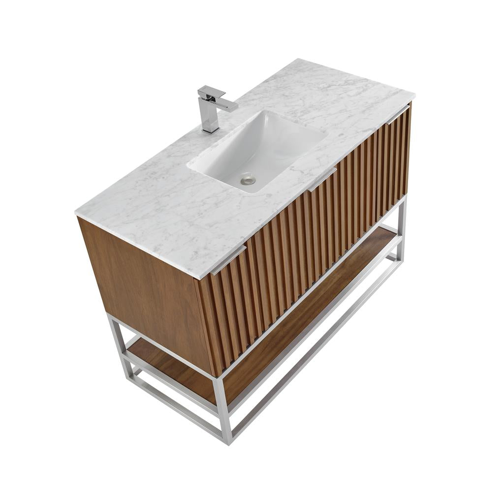 Bemma, Terra 48" Single Vanity, Walnut/Brushed Nickel, Carrara Marble Top#top-options_carrara-marble-top