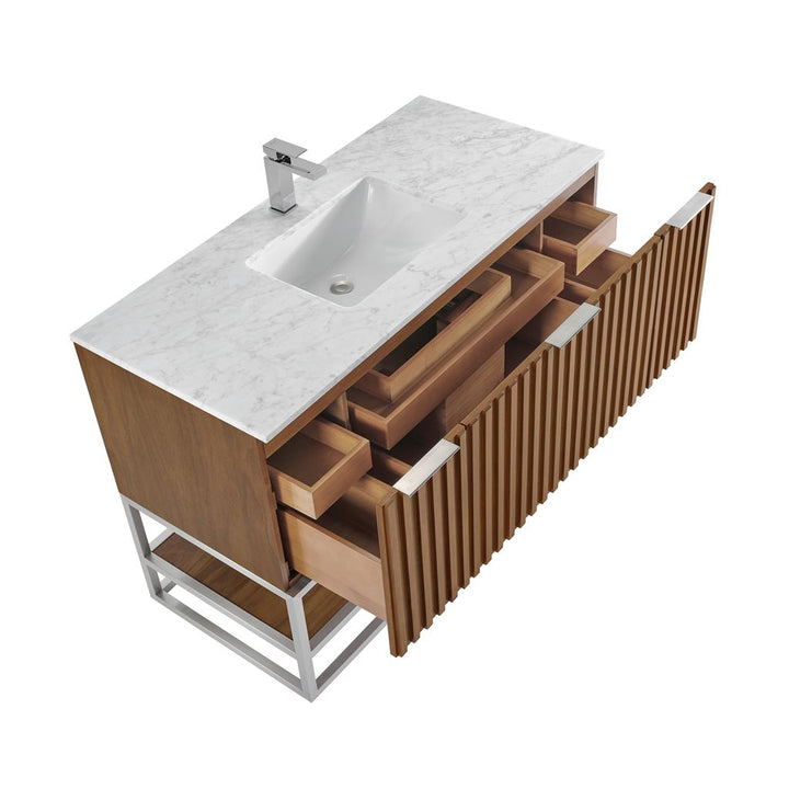 Bemma, Terra 48" Single Vanity, Walnut/Brushed Nickel, Carrara Marble Top#top-options_carrara-marble-top