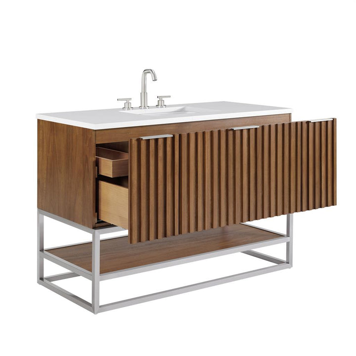 Bemma, Terra 48" Single Vanity, Walnut/Brushed Nickel, Calacatta Quartz Top#top-options_calacatta-quartz-top