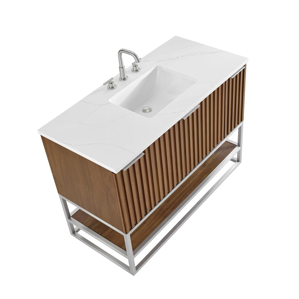 Bemma, Terra 48" Single Vanity, Walnut/Brushed Nickel, Calacatta Quartz Top#top-options_calacatta-quartz-top