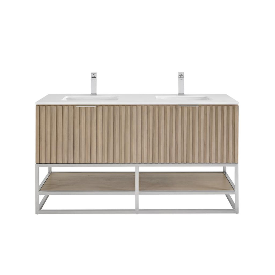 Bemma, Terra 60" Double Vanity, Cashmere Grey/Brushed Nickel, White Quartz Top#top-options_white-quartz-top