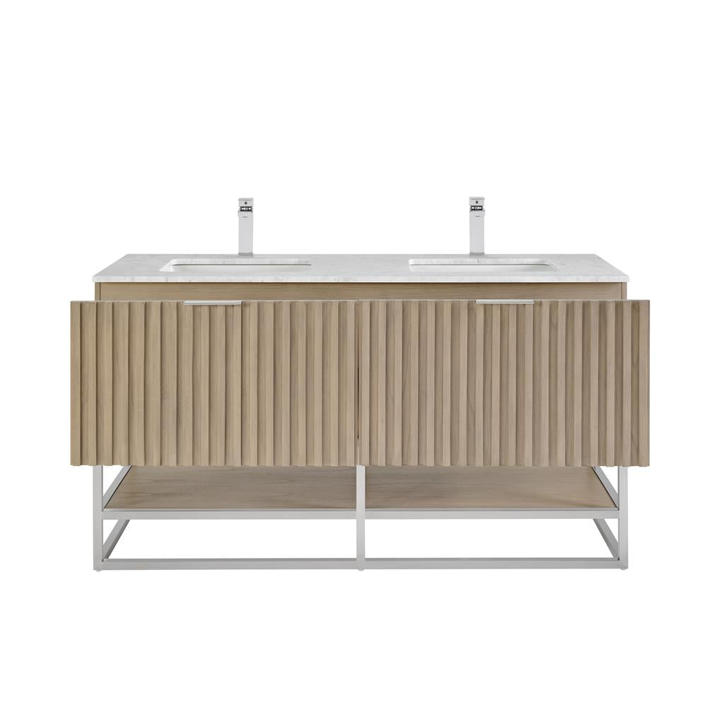 Bemma, Terra 60" Double Vanity, Cashmere Grey/Brushed Nickel, Carrara Marble Top#top-options_carrara-marble-top