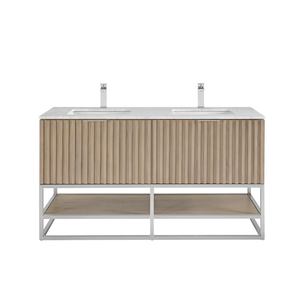 Bemma, Terra 60" Double Vanity, Cashmere Grey/Brushed Nickel, Carrara Marble Top#top-options_carrara-marble-top