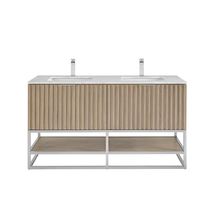 Bemma, Terra 60" Double Vanity, Cashmere Grey/Brushed Nickel, Carrara Marble Top#top-options_carrara-marble-top
