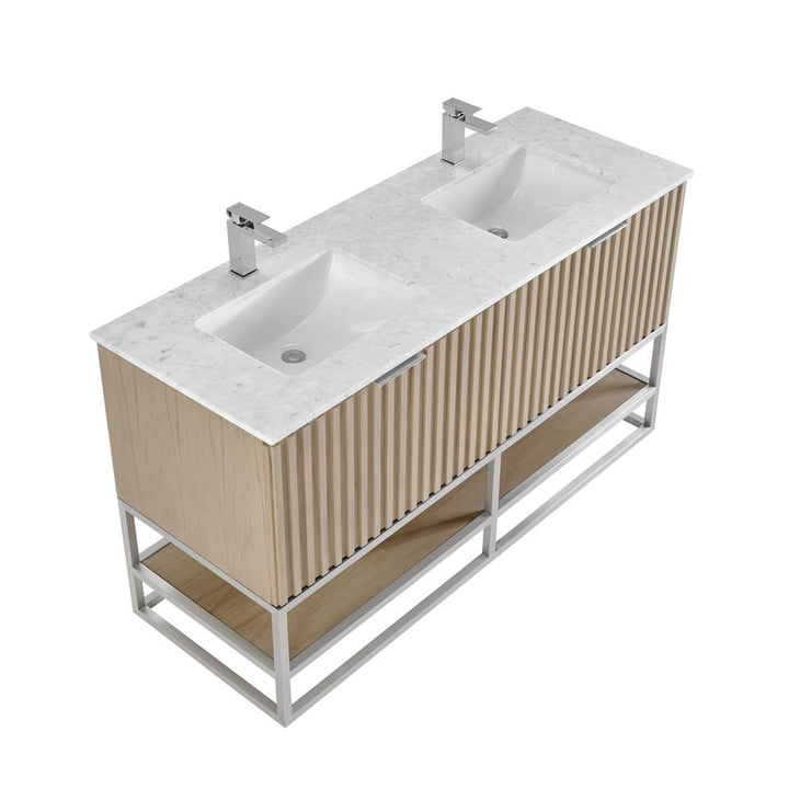 Bemma, Terra 60" Double Vanity, Cashmere Grey/Brushed Nickel, Carrara Marble Top#top-options_carrara-marble-top