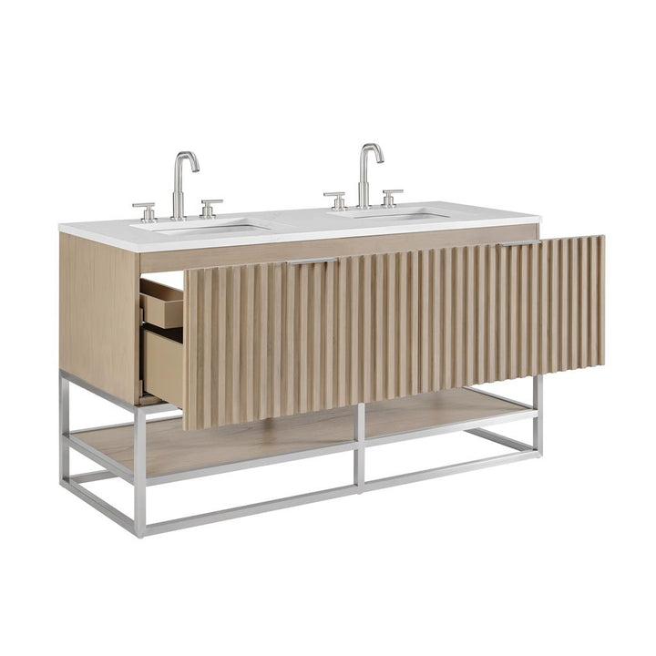 Bemma, Terra 60" Double Vanity, Cashmere Grey/Brushed Nickel, Calacatta Quartz Top#top-options_calacatta-quartz-top