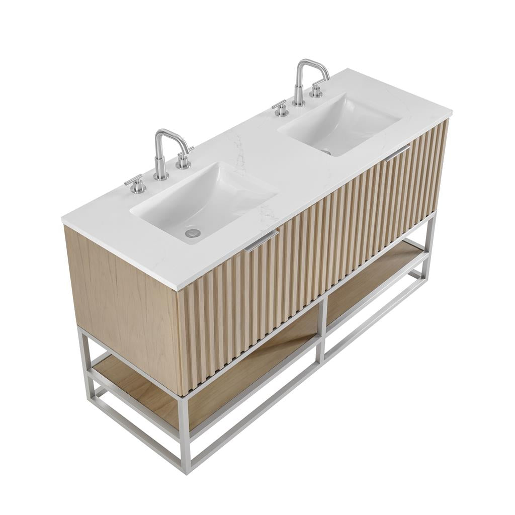 Bemma, Terra 60" Double Vanity, Cashmere Grey/Brushed Nickel, Calacatta Quartz Top#top-options_calacatta-quartz-top