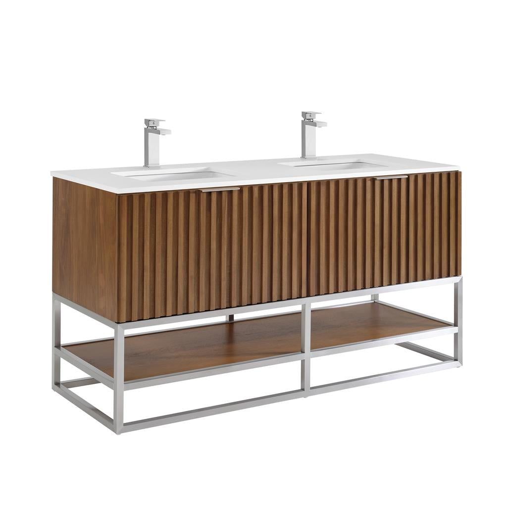 Bemma, Terra 60" Double Vanity, Walnut/Brushed Nickel, White Quartz Top#top-options_white-quartz-top