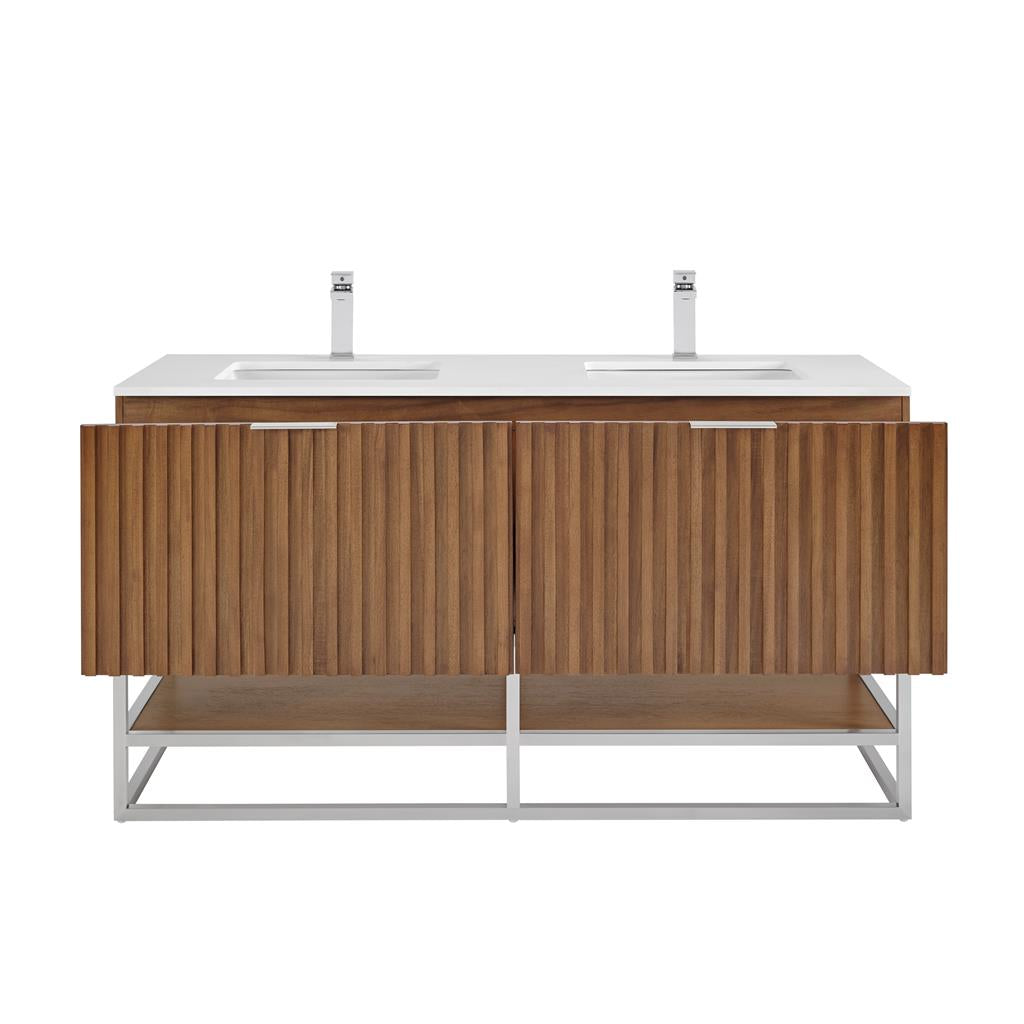 Bemma, Terra 60" Double Vanity, Walnut/Brushed Nickel, White Quartz Top#top-options_white-quartz-top