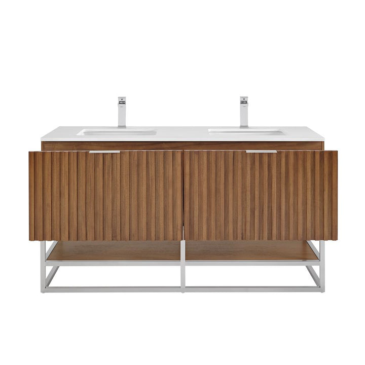 Bemma, Terra 60" Double Vanity, Walnut/Brushed Nickel, White Quartz Top#top-options_white-quartz-top