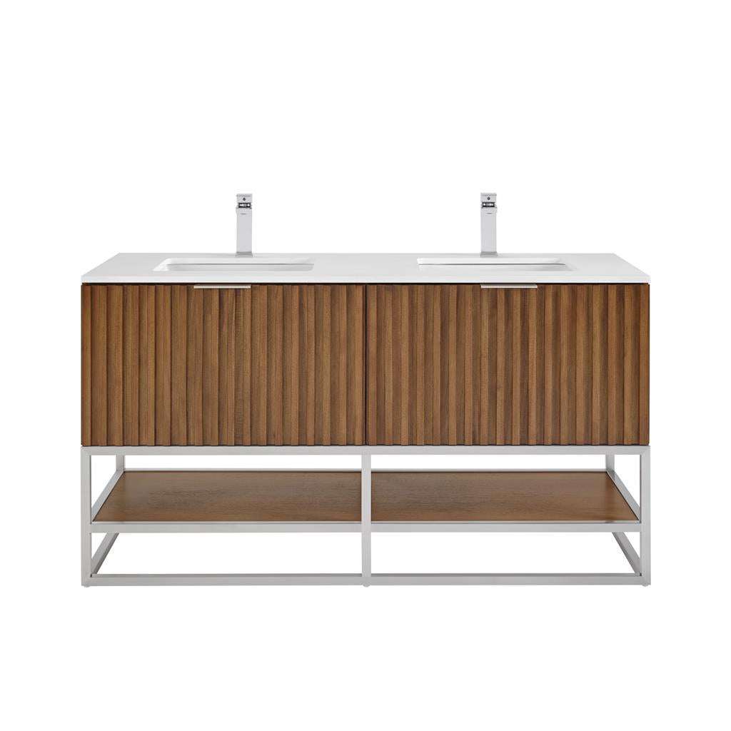 Bemma, Terra 60" Double Vanity, Walnut/Brushed Nickel, White Quartz Top#top-options_white-quartz-top