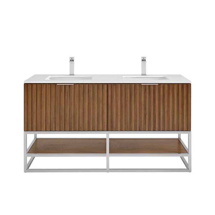 Bemma, Terra 60" Double Vanity, Walnut/Brushed Nickel, White Quartz Top#top-options_white-quartz-top