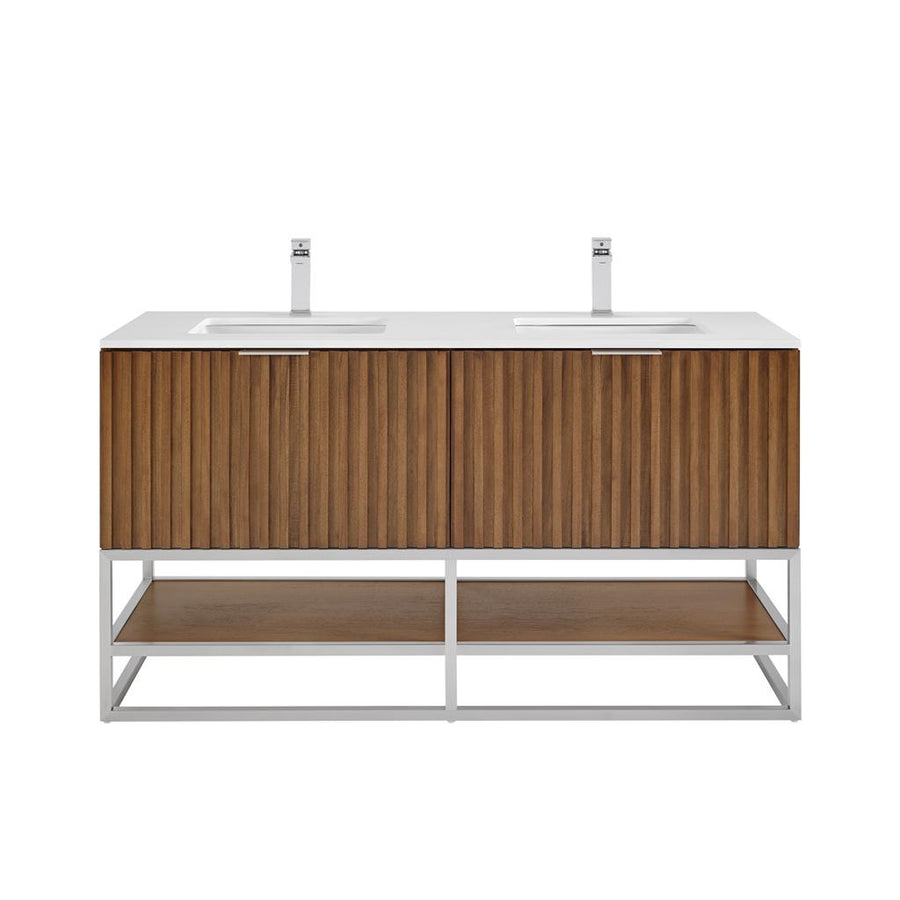 Bemma, Terra 60" Double Vanity, Walnut/Brushed Nickel, White Quartz Top#top-options_white-quartz-top