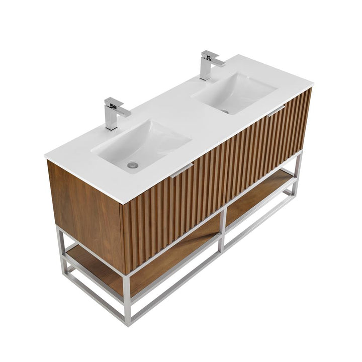 Bemma, Terra 60" Double Vanity, Walnut/Brushed Nickel, White Quartz Top#top-options_white-quartz-top