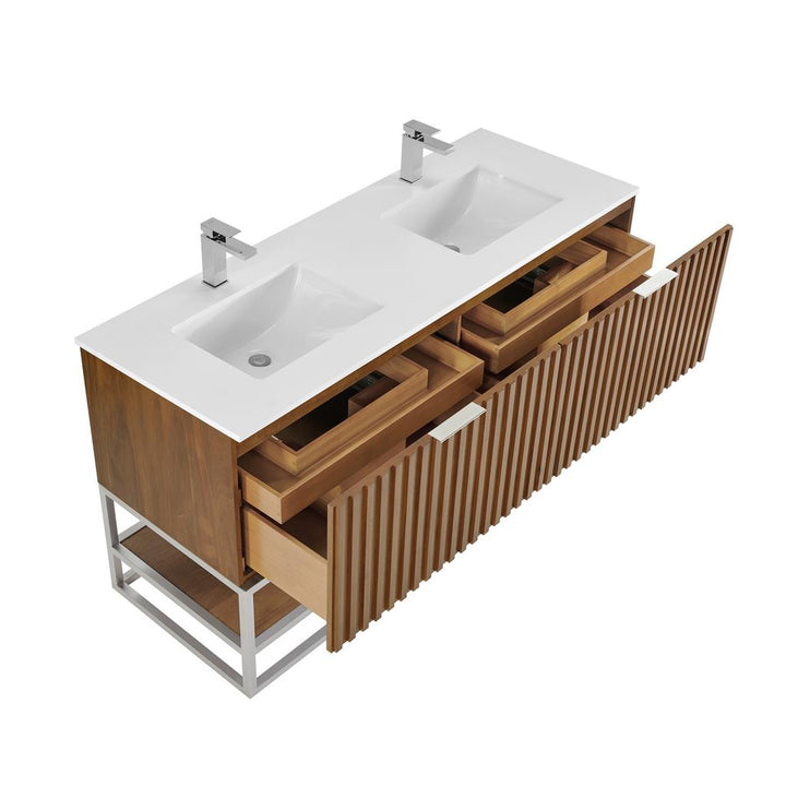 Bemma, Terra 60" Double Vanity, Walnut/Brushed Nickel, White Quartz Top#top-options_white-quartz-top