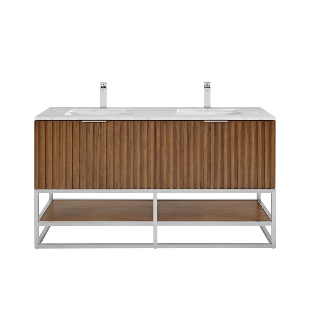 Bemma, Terra 60" Double Vanity, Walnut/Brushed Nickel, Carrara Marble Top#top-options_carrara-marble-top