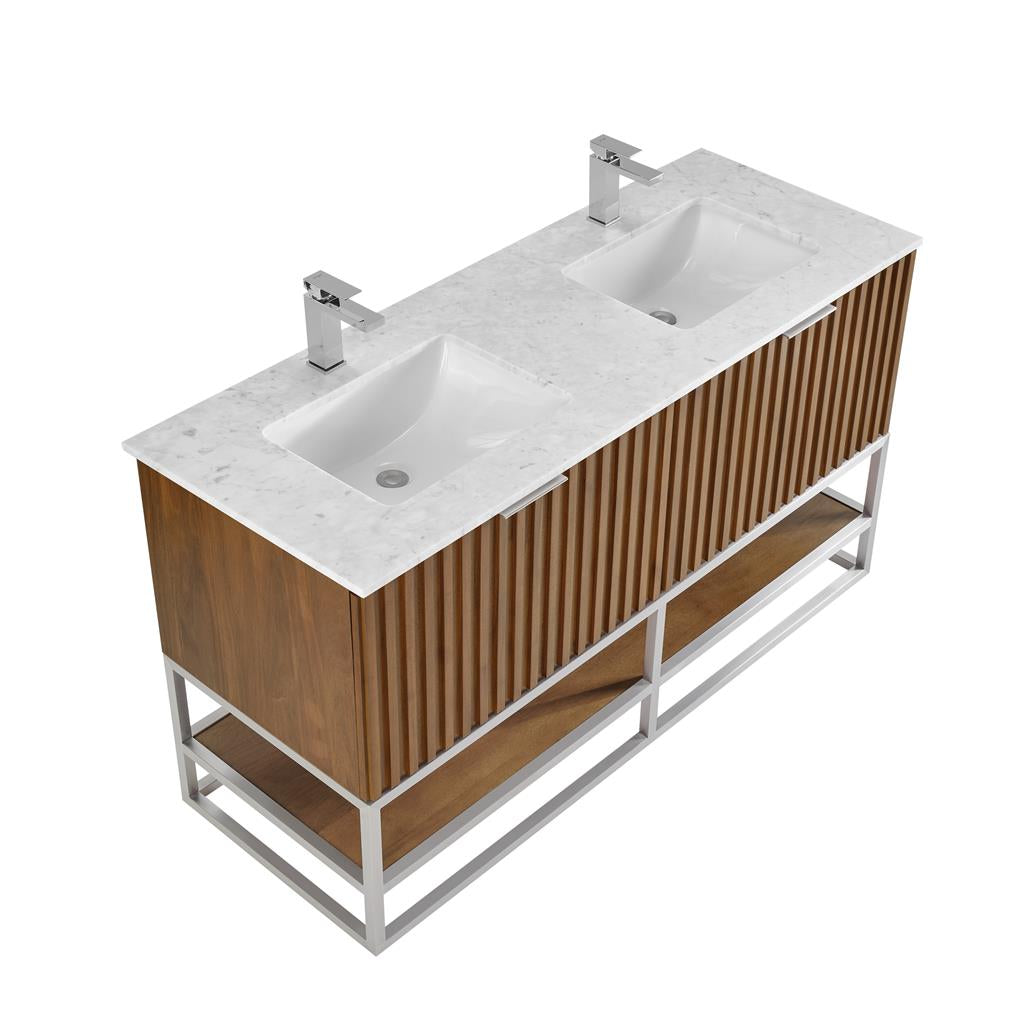 Bemma, Terra 60" Double Vanity, Walnut/Brushed Nickel, Carrara Marble Top#top-options_carrara-marble-top