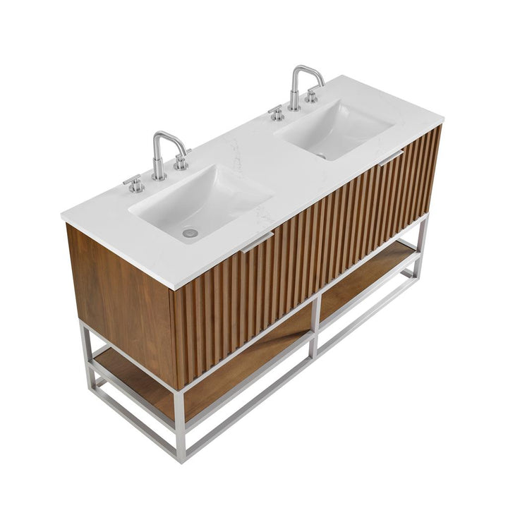 Bemma, Terra 60" Double Vanity, Walnut/Brushed Nickel, Calacatta Quartz Top#top-options_calacatta-quartz-top
