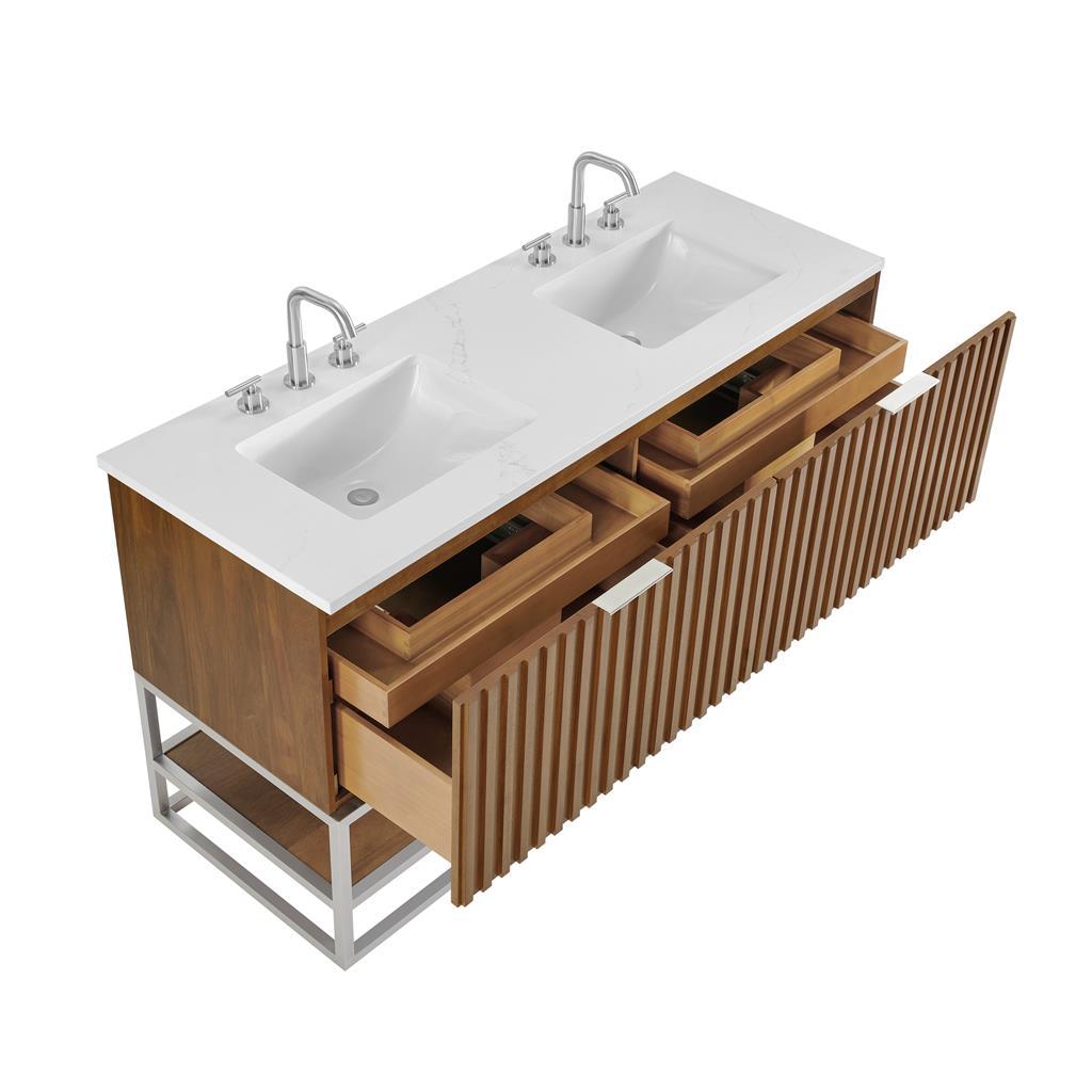 Bemma, Terra 60" Double Vanity, Walnut/Brushed Nickel, Calacatta Quartz Top#top-options_calacatta-quartz-top