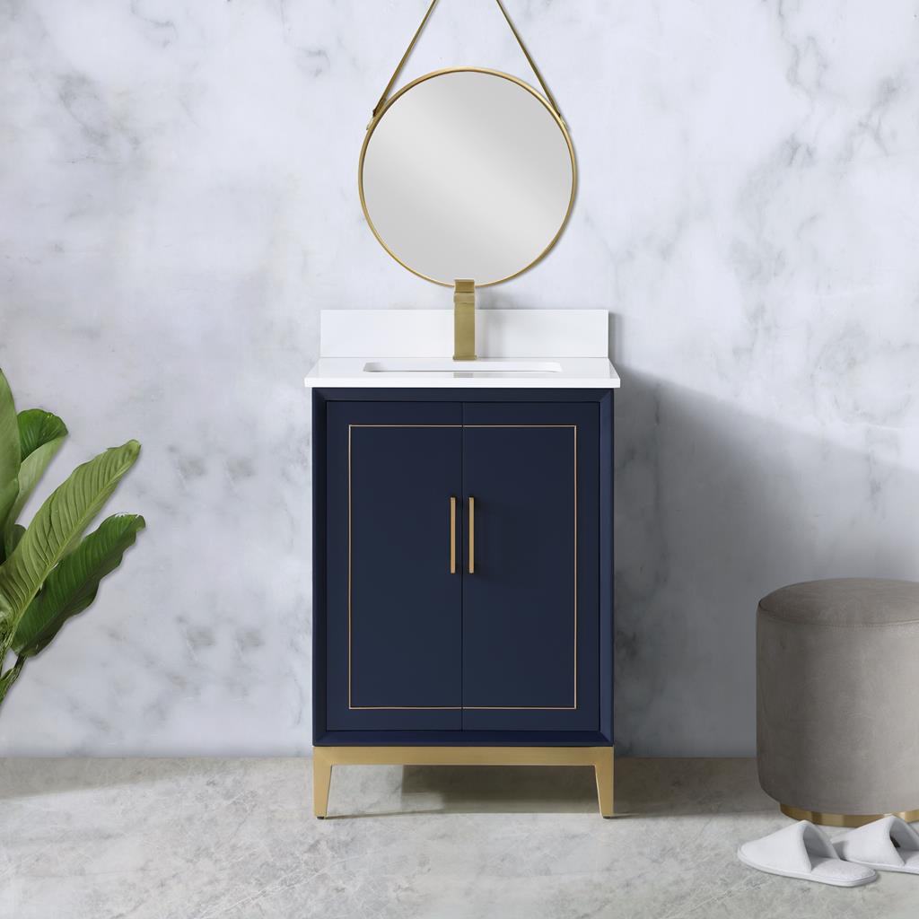 Bemma, Gracie 24" Single Vanity, Pacific Blue/Satin Brass, White Quartz Top#top-options_white-quartz-top